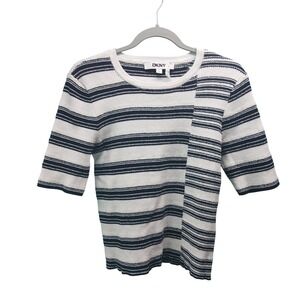 DKNY Womens Navy White Striped Ribbed Knit Short Sleeve Top L Nautical Preppy‎